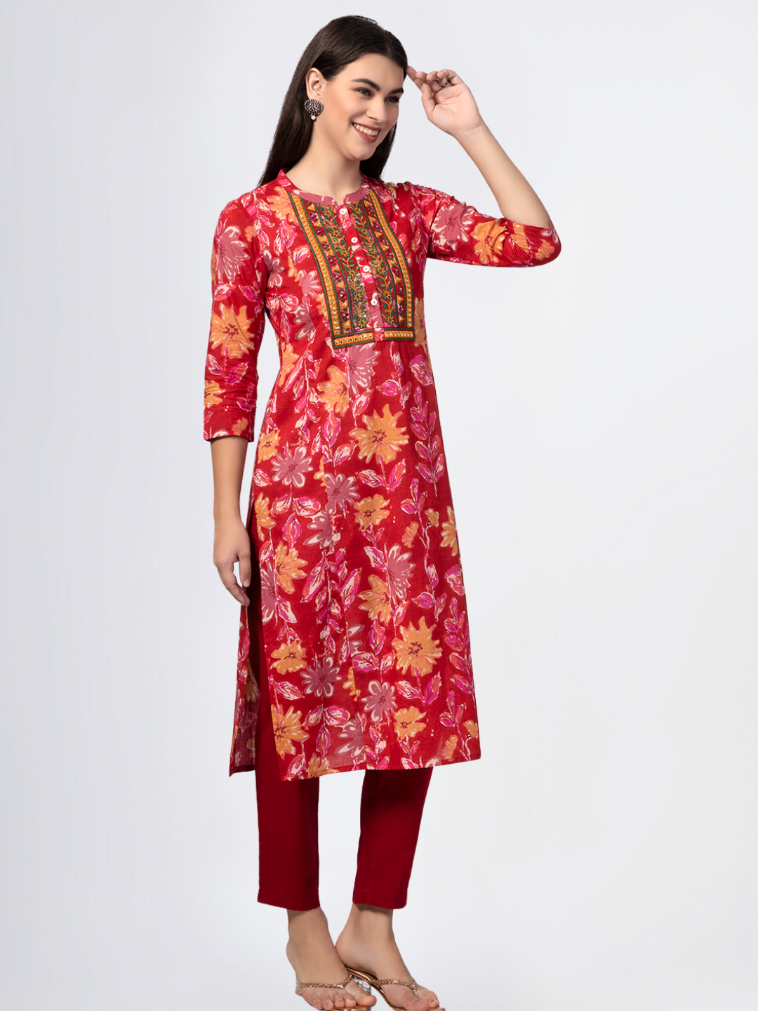 Red Cotton Printed Kurta with Embroidered Neck and Mirror Work