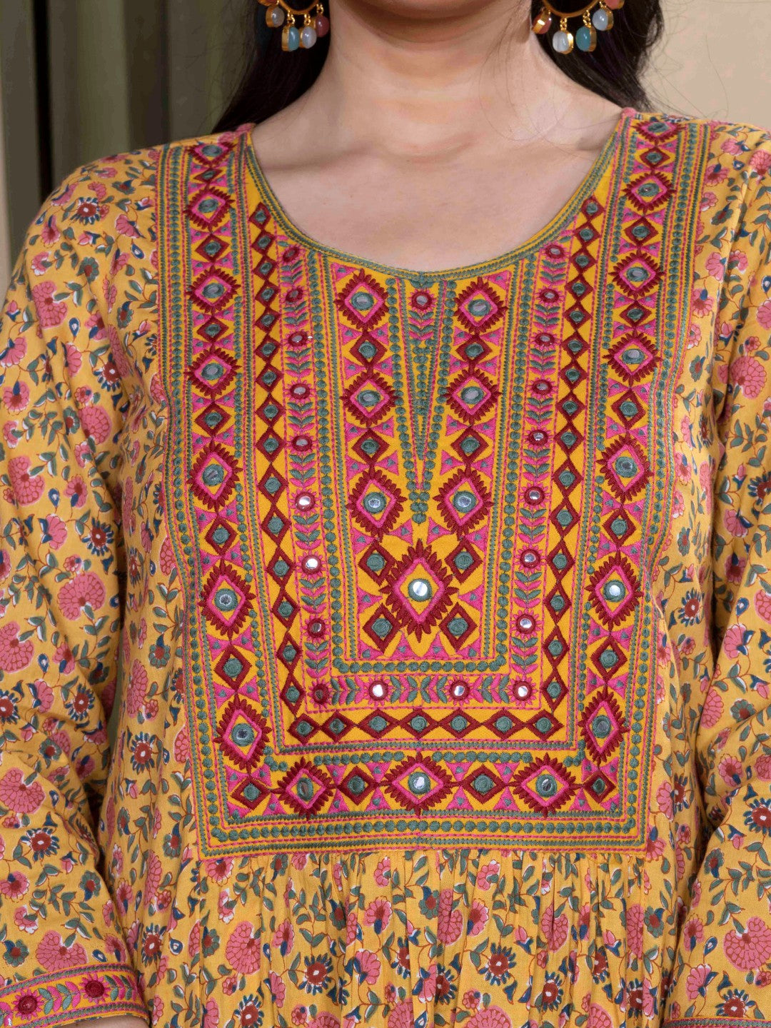 Marigold Ochre Sanganeri Print Kurta with Embroidered Yoke