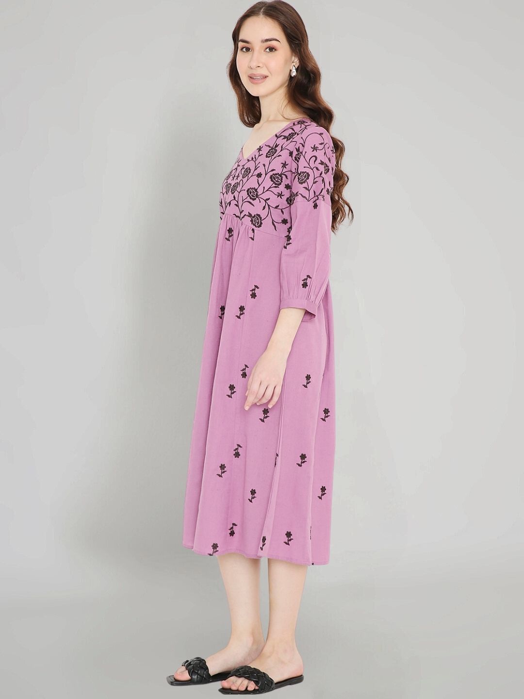 Mauve Boho Embroidered Cotton Midi Dress