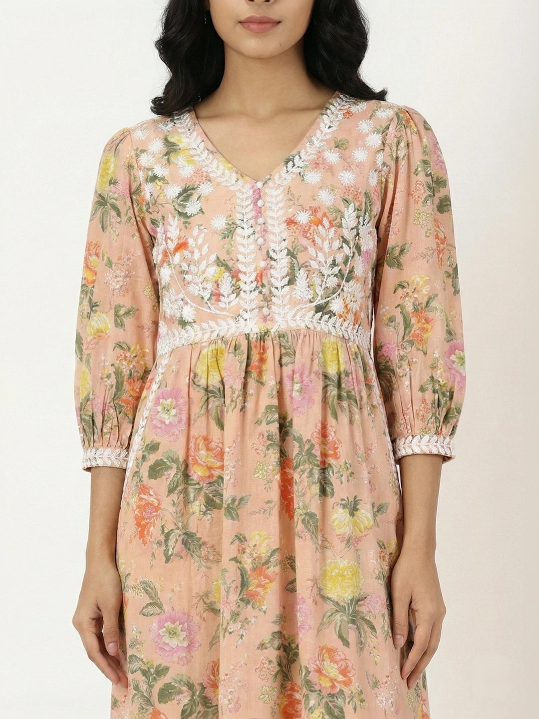 Peach Floral Print Kurta with Chikankari Embroidery