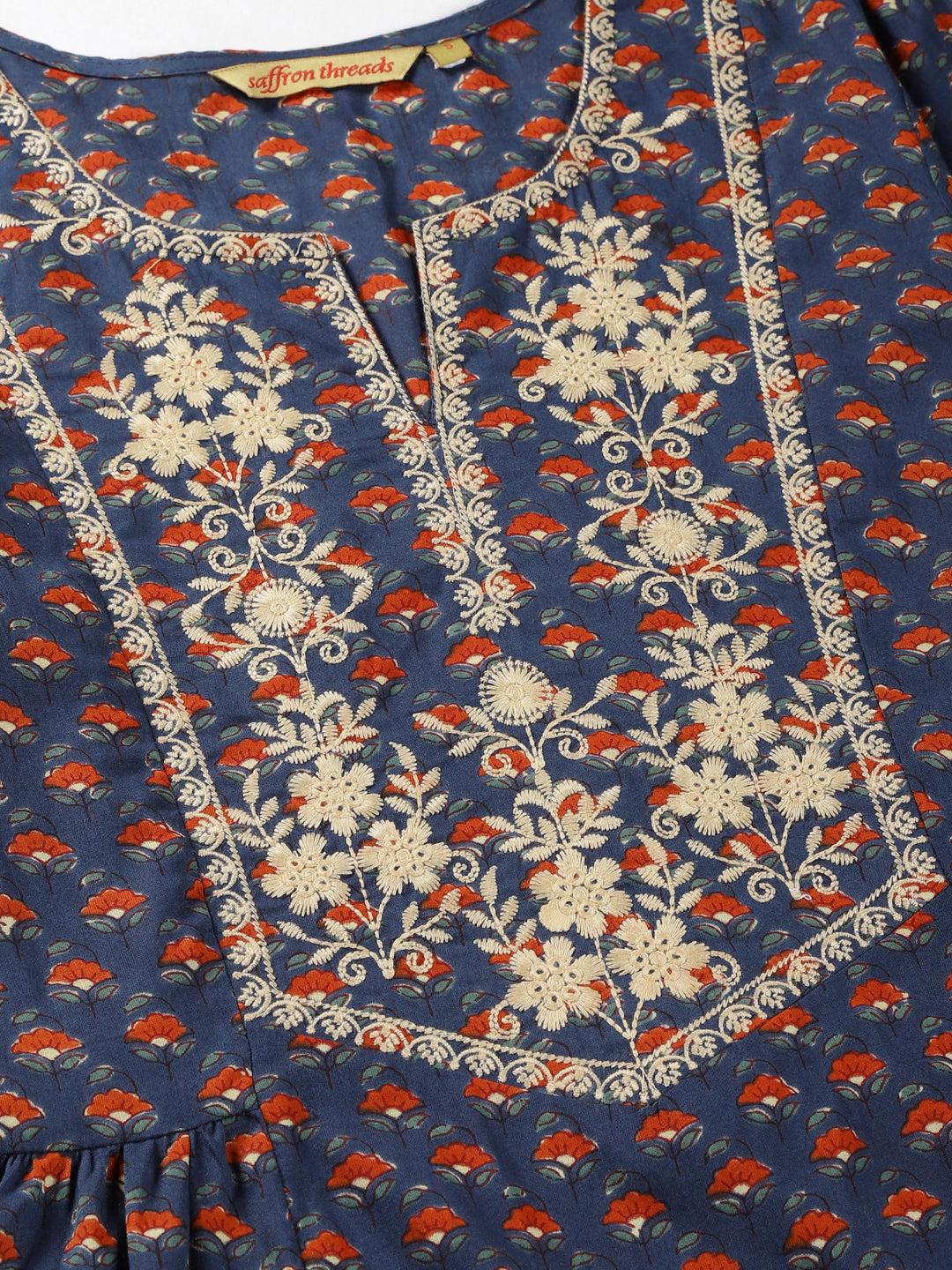 Blue Floral Print Kurta with Yoke Embroidery