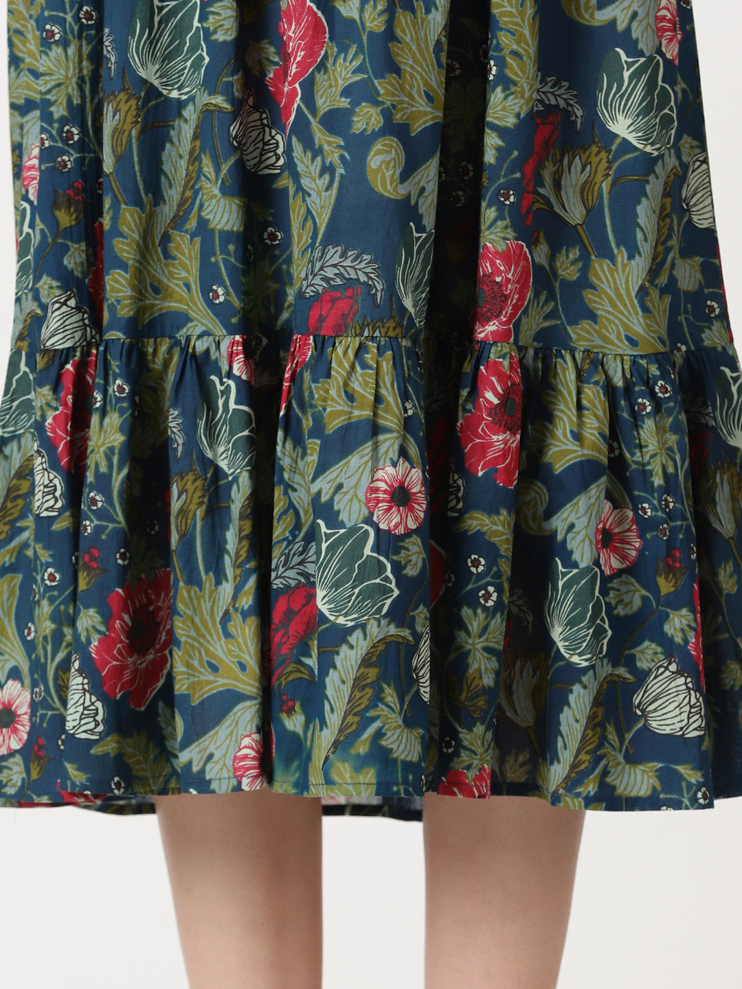 Teal Tropical Printed Midi Dress with Flounce Hem