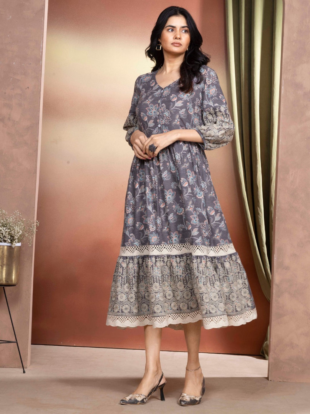 Fossil Grey Vintage Meadow Boho Tiered Dress