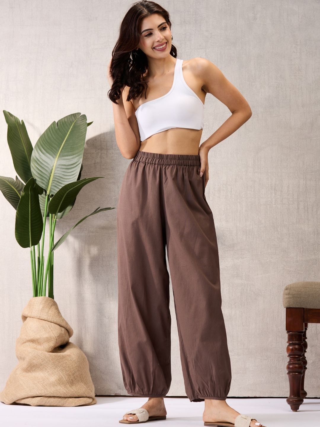 Brown Cotton Linen Piping Hem Palazzo with Pocket