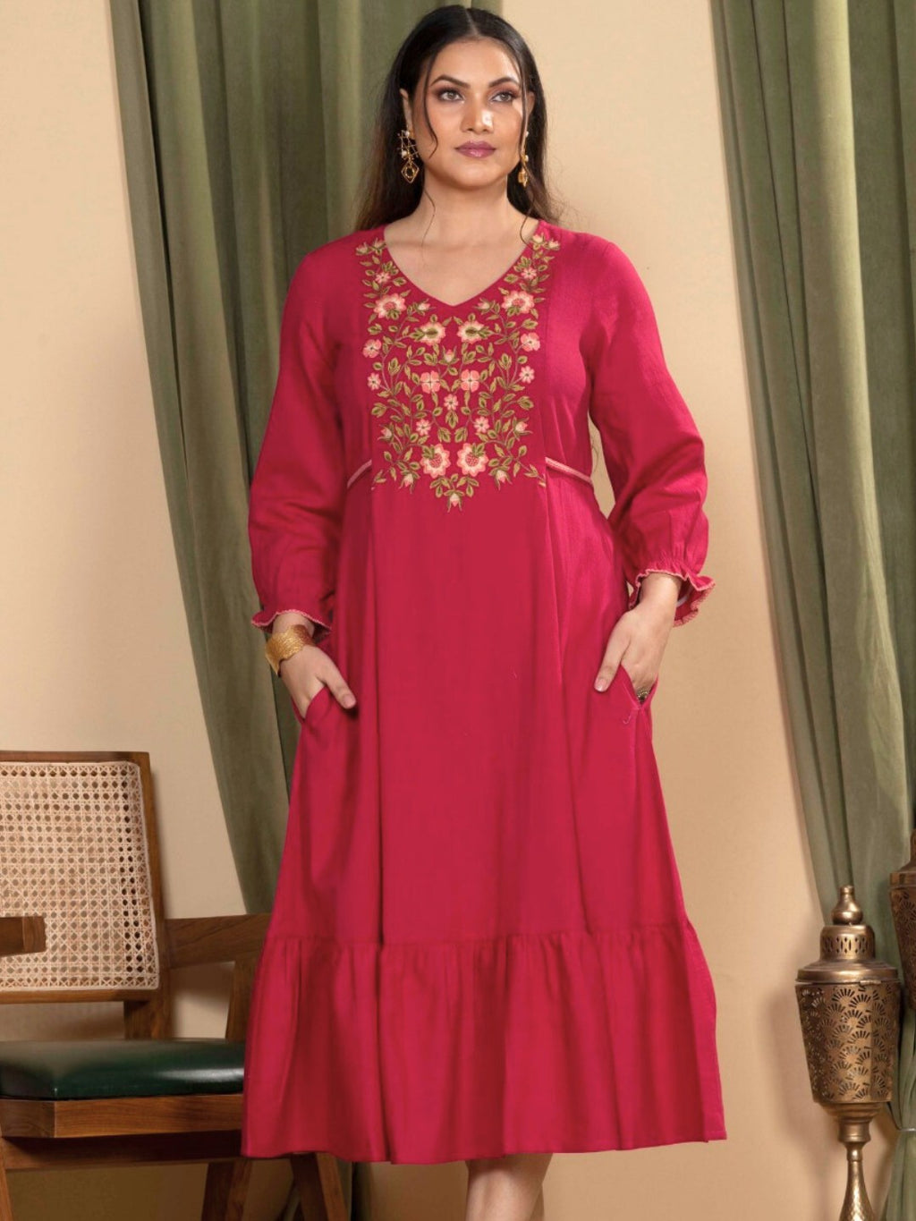 Orchid Magenta Embroidered Cotton Linen Dress