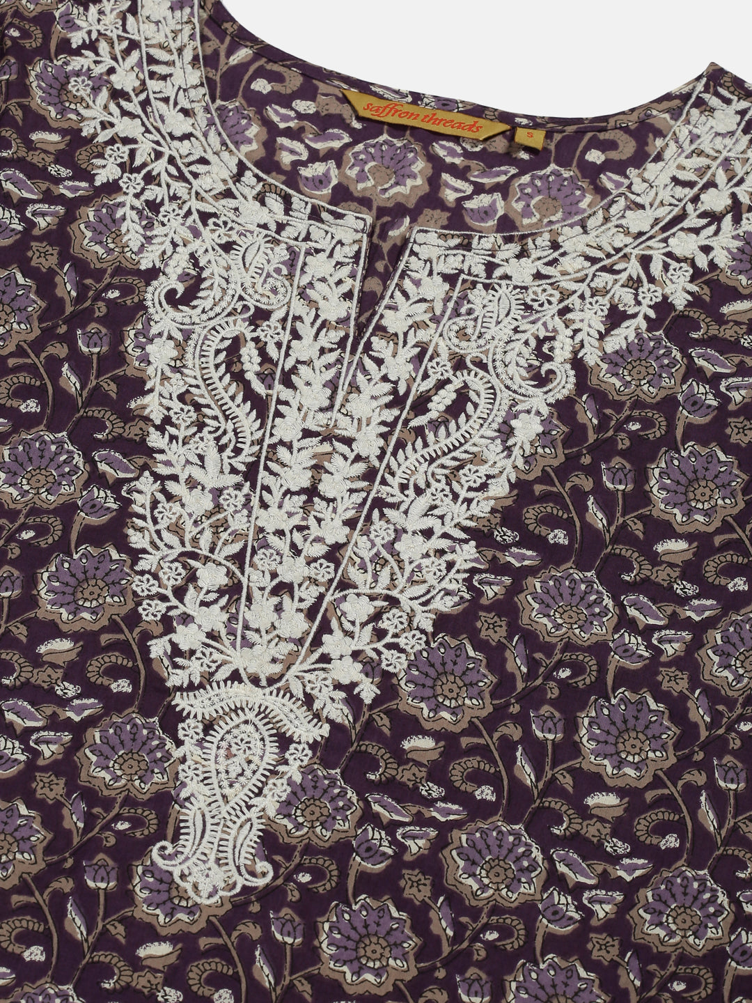 Purple Floral Cotton Tunic with Chikankari Embroidered Yoke