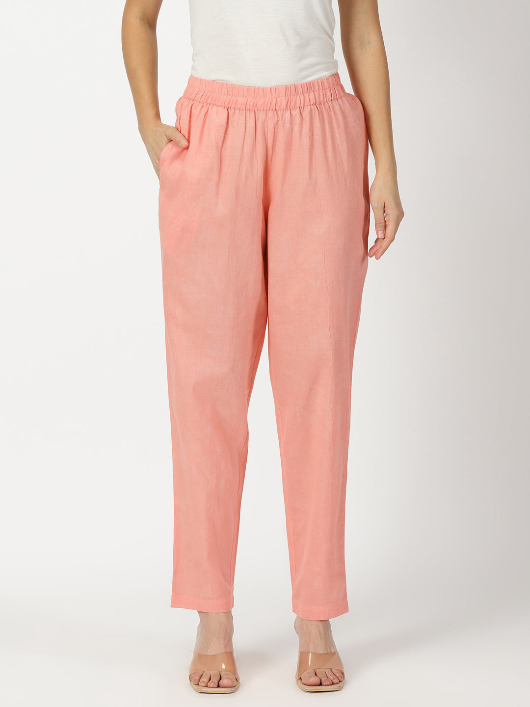 Peach Cotton Straight Fit Slip-on Trouser