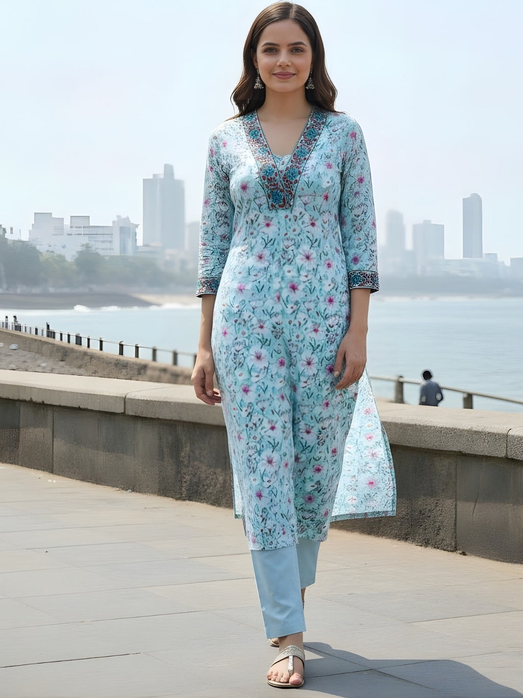 Blue V-Neck Floral Print Kurta with Neck & Sleeve Embroidery