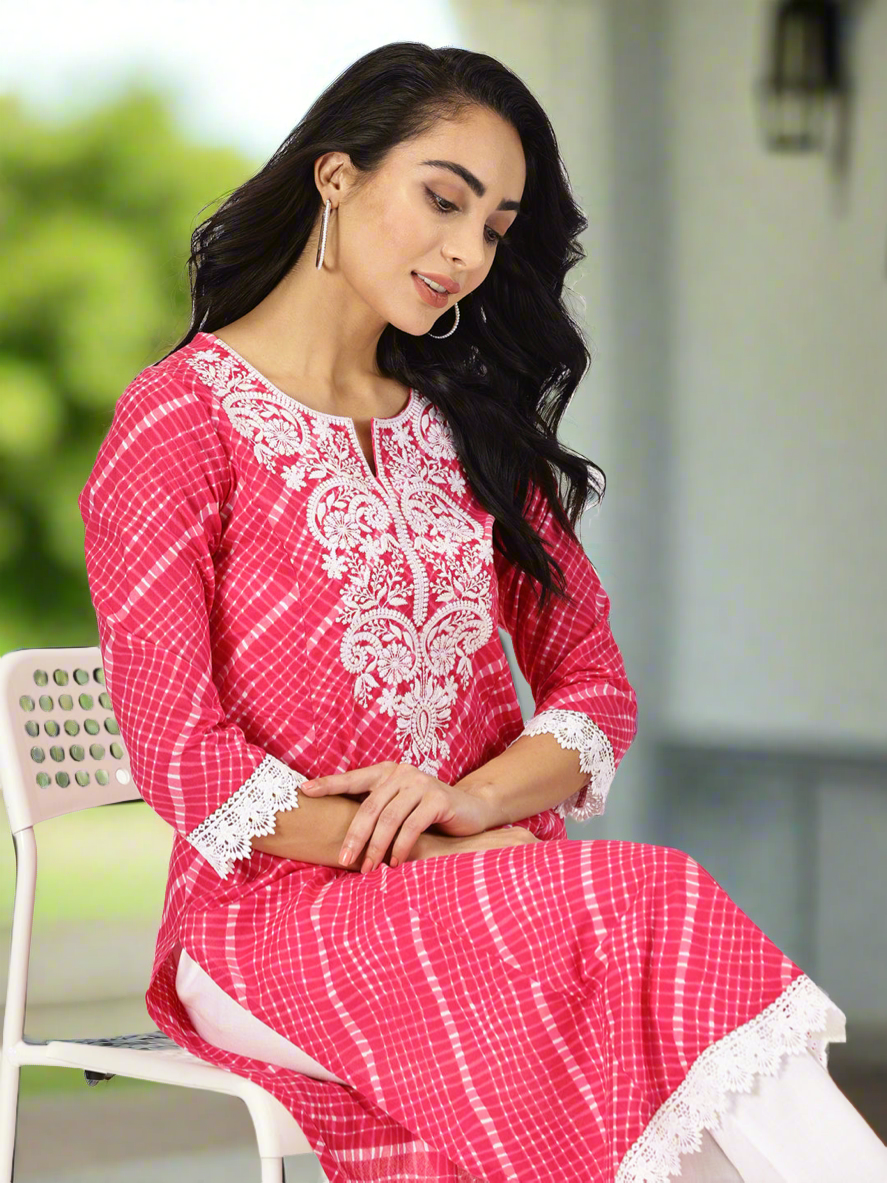 Fuchsia Leheriya Print Kurta with Chikankari Embroidery