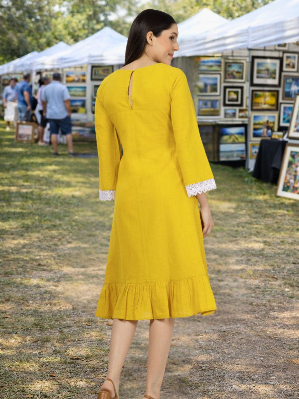 Mustard Cotton Slub Embroidered Dress with Lace on sleeves