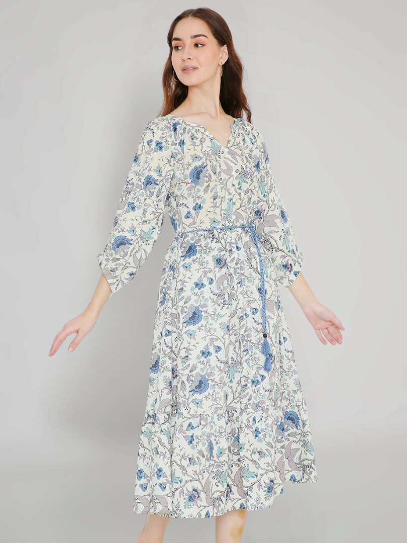 White Tropical Print Boho Midi Dress