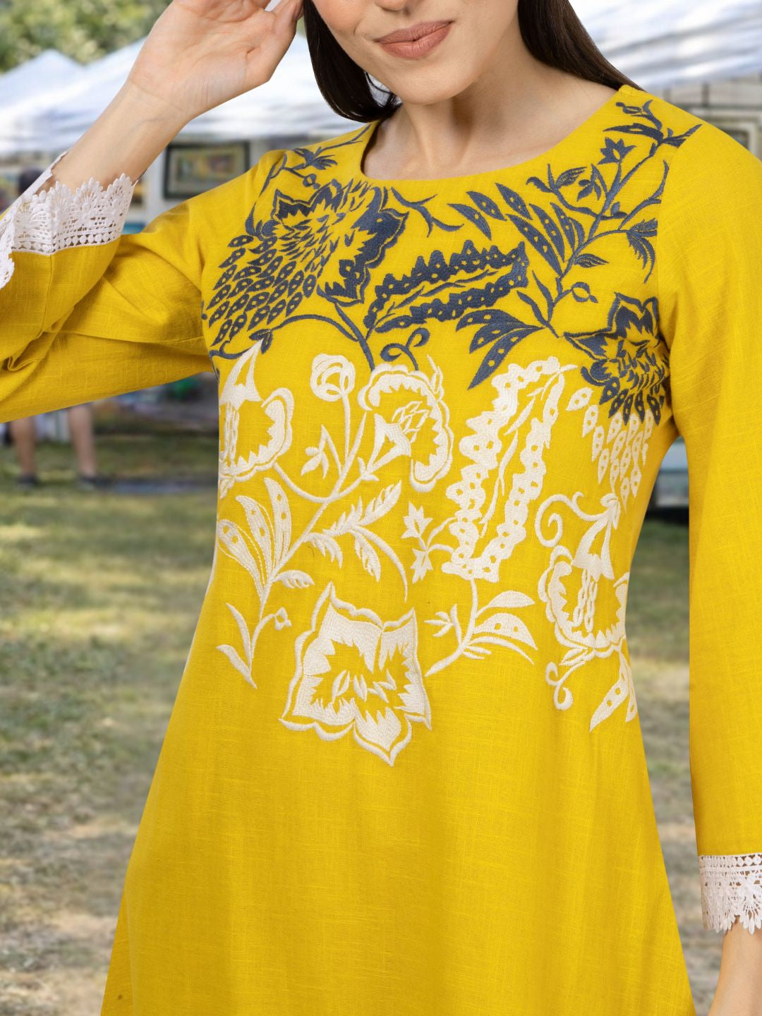 Mustard Cotton Slub Embroidered Dress with Lace on sleeves