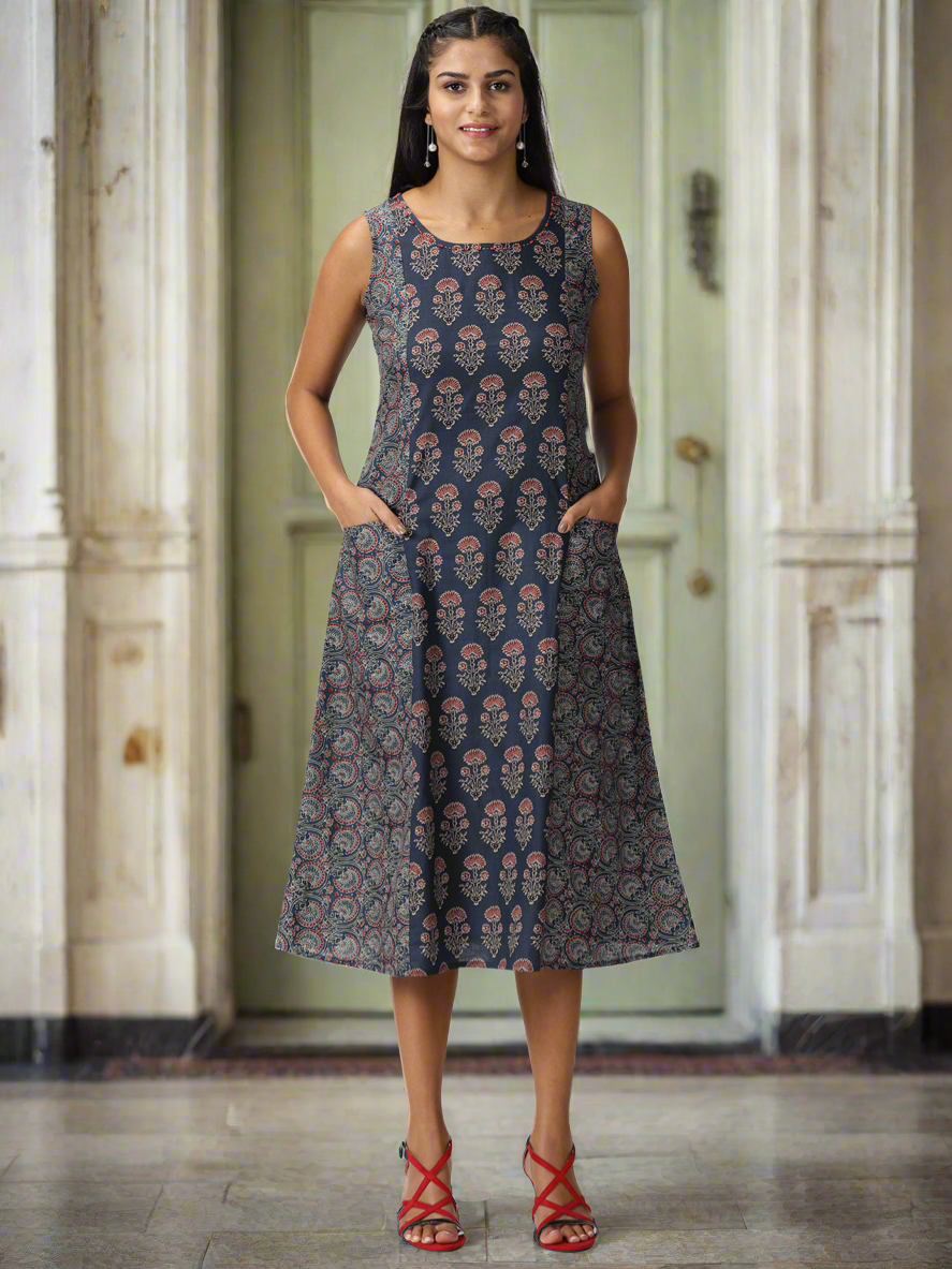 Navy Blue Ethnic Motifs Printed Panelled Midi Dress