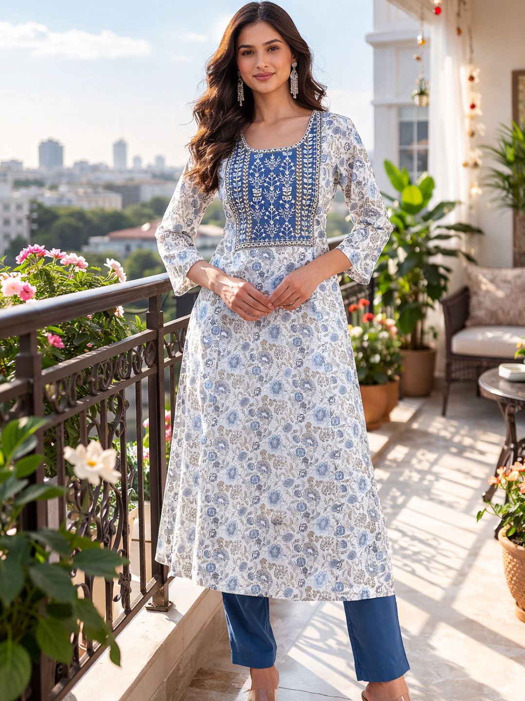 Teal Printed Cotton Kurta with Yoke Embroidery