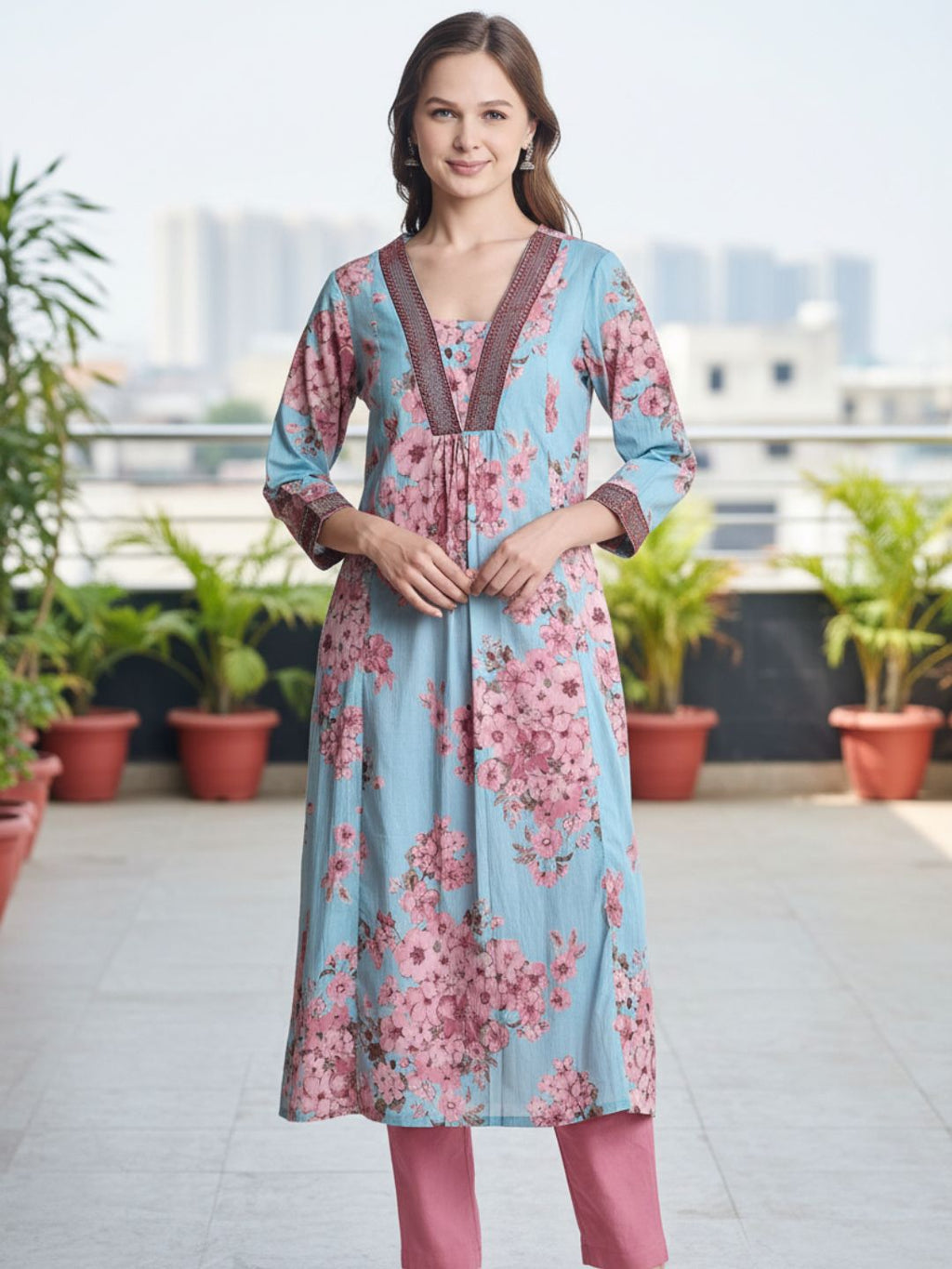 Blue Cotton V-Neck Floral Print Kurta with Neck & Sleeve Embroidery