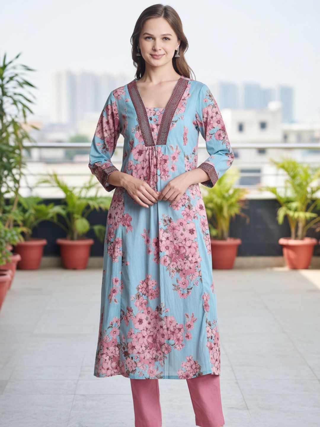 Blue Cotton V-Neck Floral Print Kurta with Neck & Sleeve Embroidery