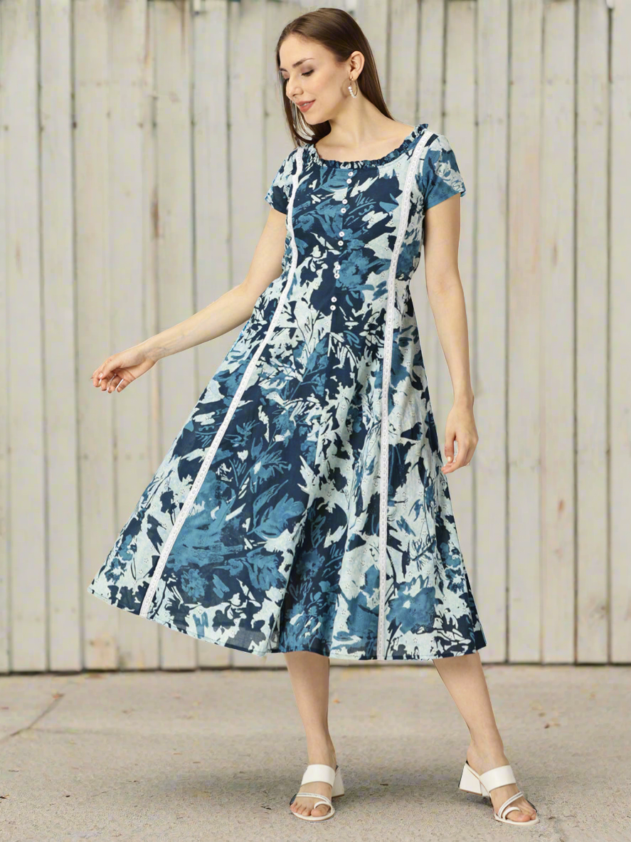 Navy Blue Floral Printed Midi Dress with Waist Tie-up