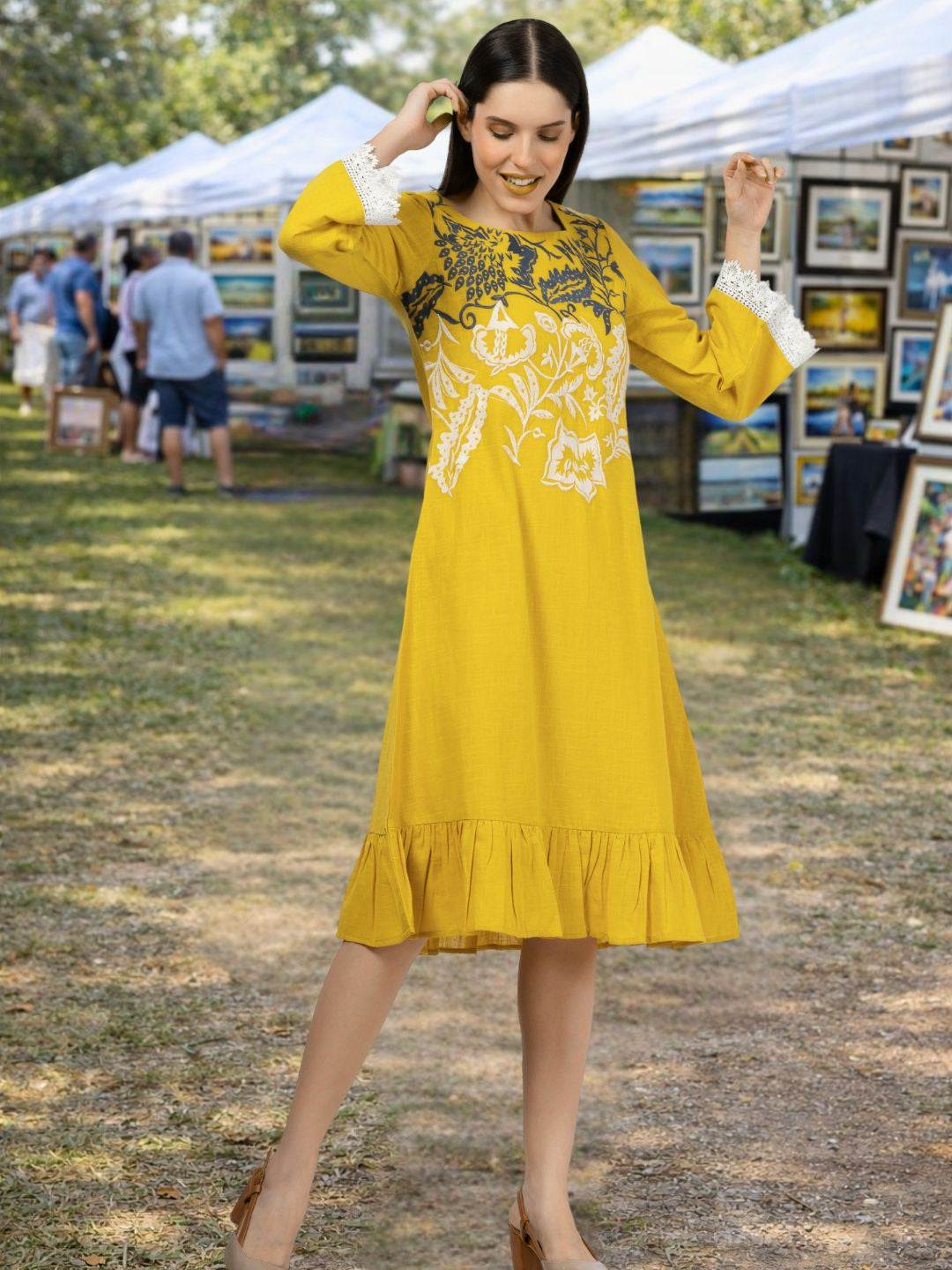 Mustard Cotton Slub Embroidered Dress with Lace on sleeves