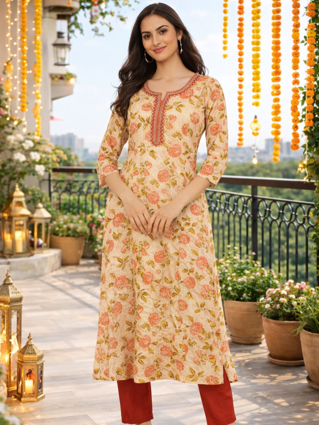Peach Floral Print Kurta with Yoke Embroidery