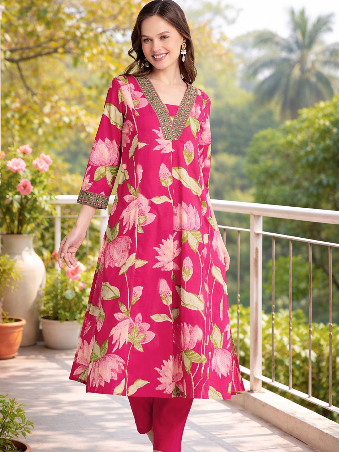 Pink Floral Print Cotton Kurta with Embroidery