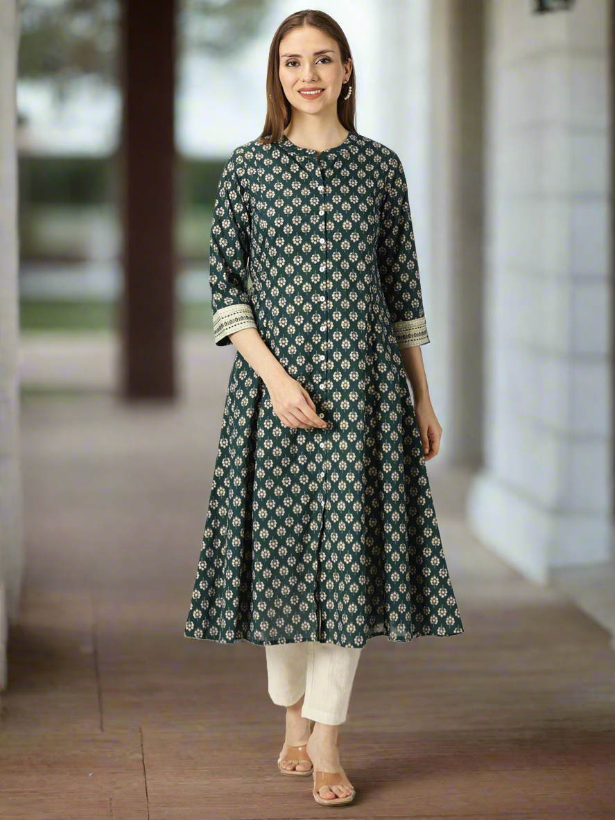 Green Floral Gold Foil Printed Button Down Cotton Kurta