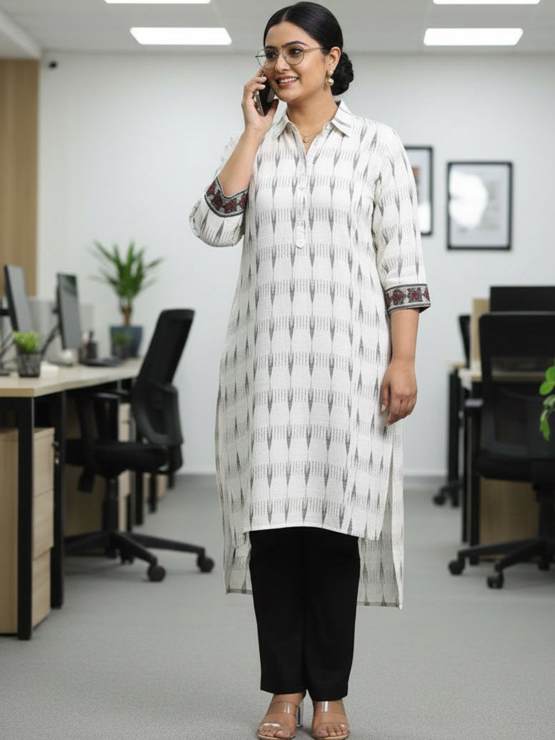 Natural Kurta with Black Arrow Print and Embroidered Sleeves