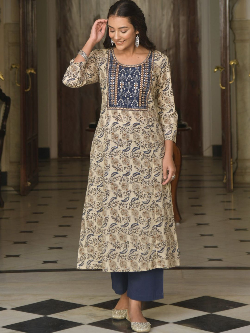 Blue Paisley Print Kurta with Yoke Embroidery