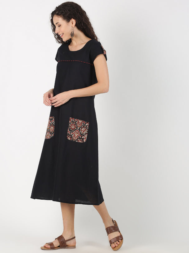 Black Cotton Flax Kalamkari Printed Pocket Dress  Saffron Threads