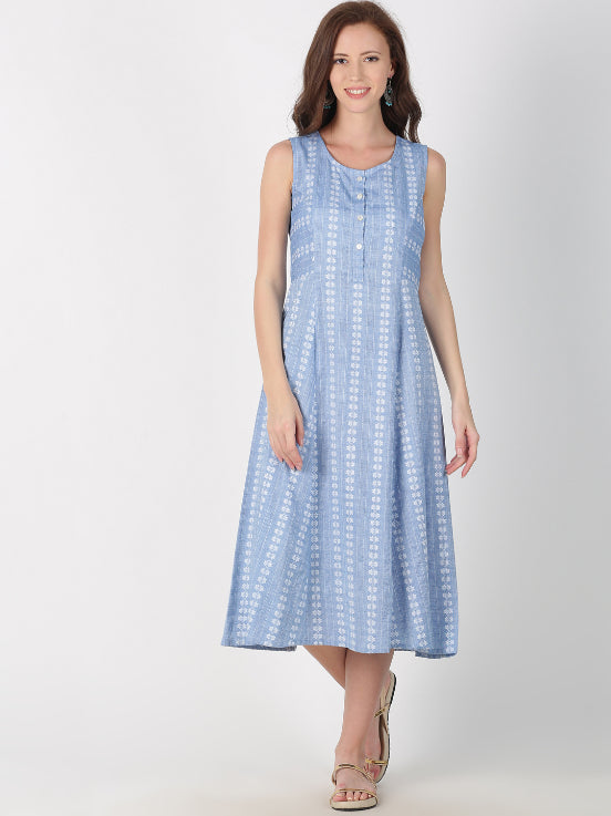 Light Blue Cotton Woven Design A-Line Dress