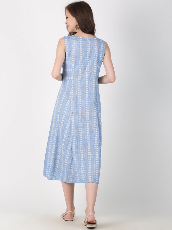 Light Blue Cotton Woven Design A-Line Dress