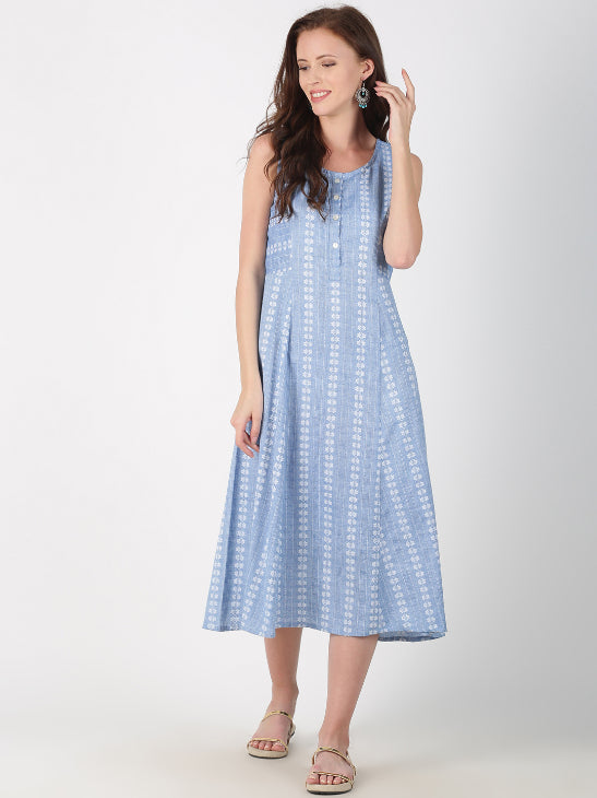 Light Blue Cotton Woven Design A-Line Dress