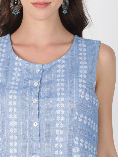 Light Blue Cotton Woven Design A-Line Dress