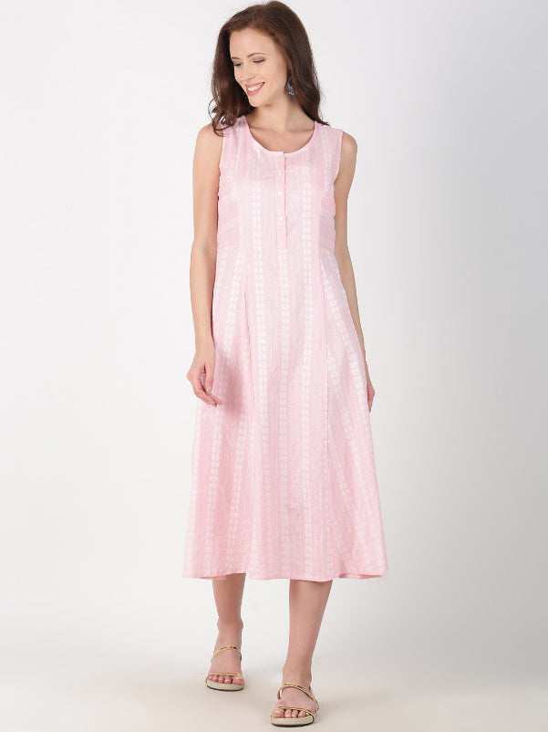 Light Pink Cotton Woven Design A-Line Dress