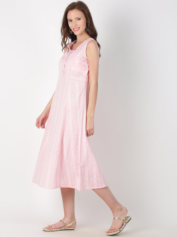 Light Pink Cotton Woven Design A-Line Dress – Saffron Threads
