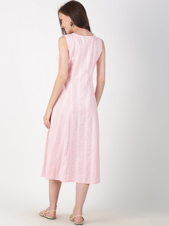 Light Pink Cotton Woven Design A-Line Dress