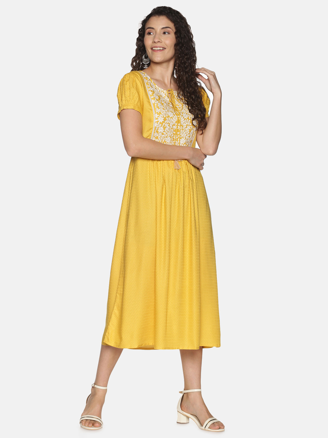 Yellow Self Design Midi Dress with Embroidered Yoke