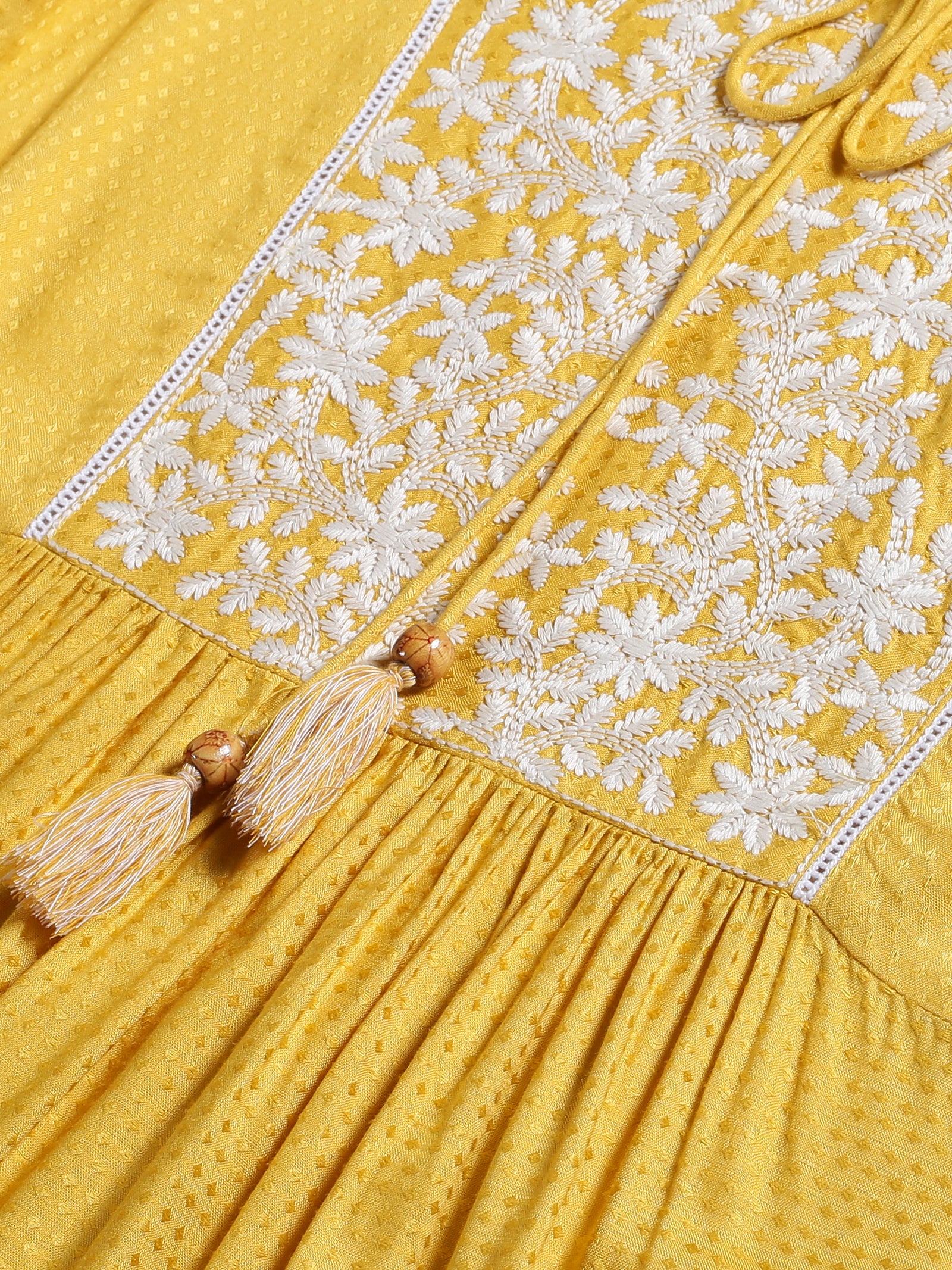 Yellow Self Design Midi Dress with Embroidered Yoke