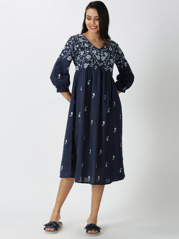 boho floral scarf navy blue midi dress reviews Valencia Floral Dress Navy / M