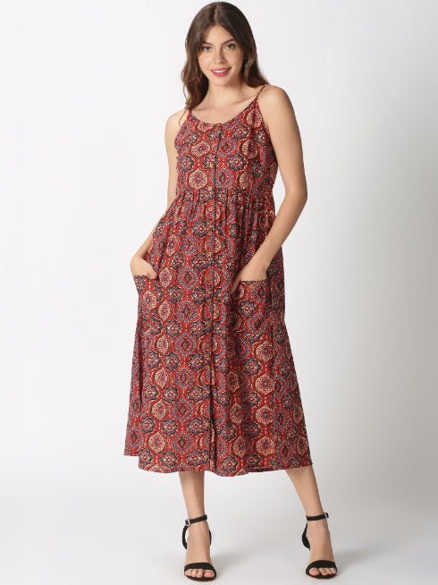 Red Ethnic Motifs Printed A-line Strappy Dress with Front Pockets