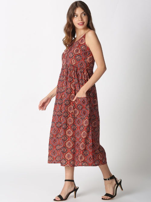 Red Ethnic Motifs Printed A-line Strappy Dress with Front Pockets