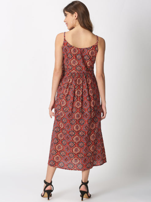 Red Ethnic Motifs Printed A-line Strappy Dress with Front Pockets