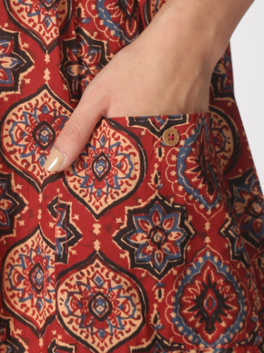 Red Ethnic Motifs Printed A-line Strappy Dress with Front Pockets