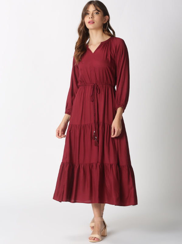 Wine Boho Tiered Midi Dress with Hand-Braided Waist Belt