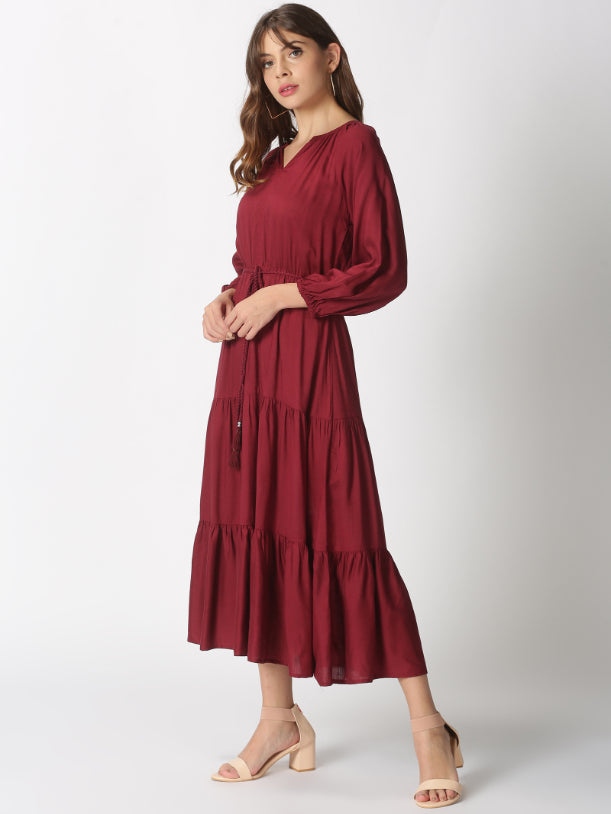 Wine Boho Tiered Midi Dress with Hand-Braided Waist Belt