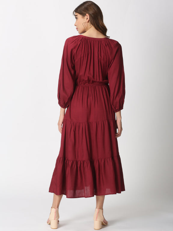 Wine Boho Tiered Midi Dress with Hand-Braided Waist Belt