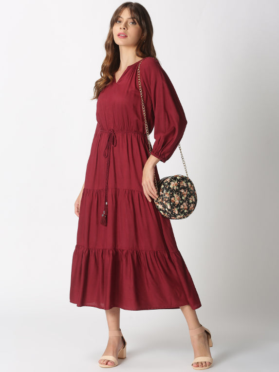 Wine Boho Tiered Midi Dress with Hand-Braided Waist Belt