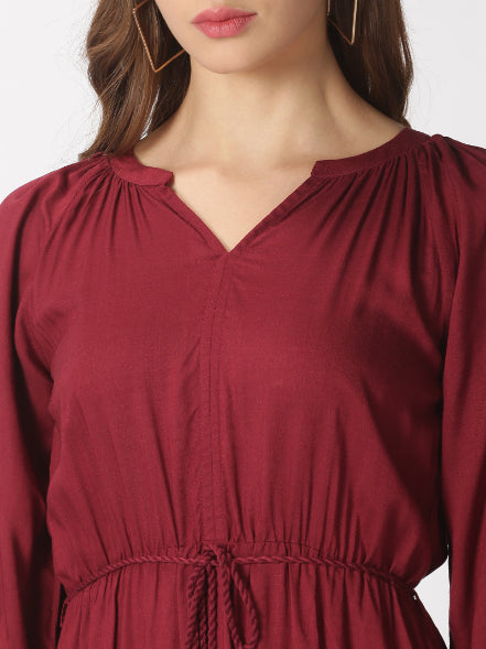 Wine Boho Tiered Midi Dress with Hand-Braided Waist Belt