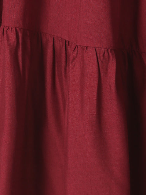 Wine Boho Tiered Midi Dress with Hand-Braided Waist Belt