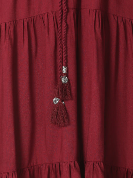 Wine Boho Tiered Midi Dress with Hand-Braided Waist Belt