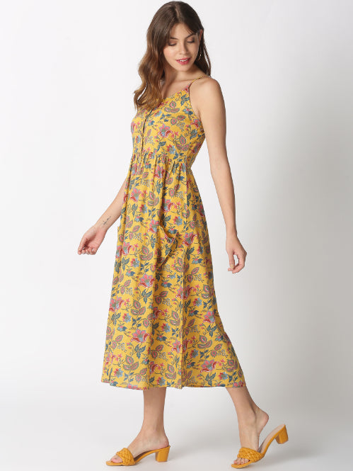 Yellow Ethnic Printed A-line Strappy Dress with Front Pockets